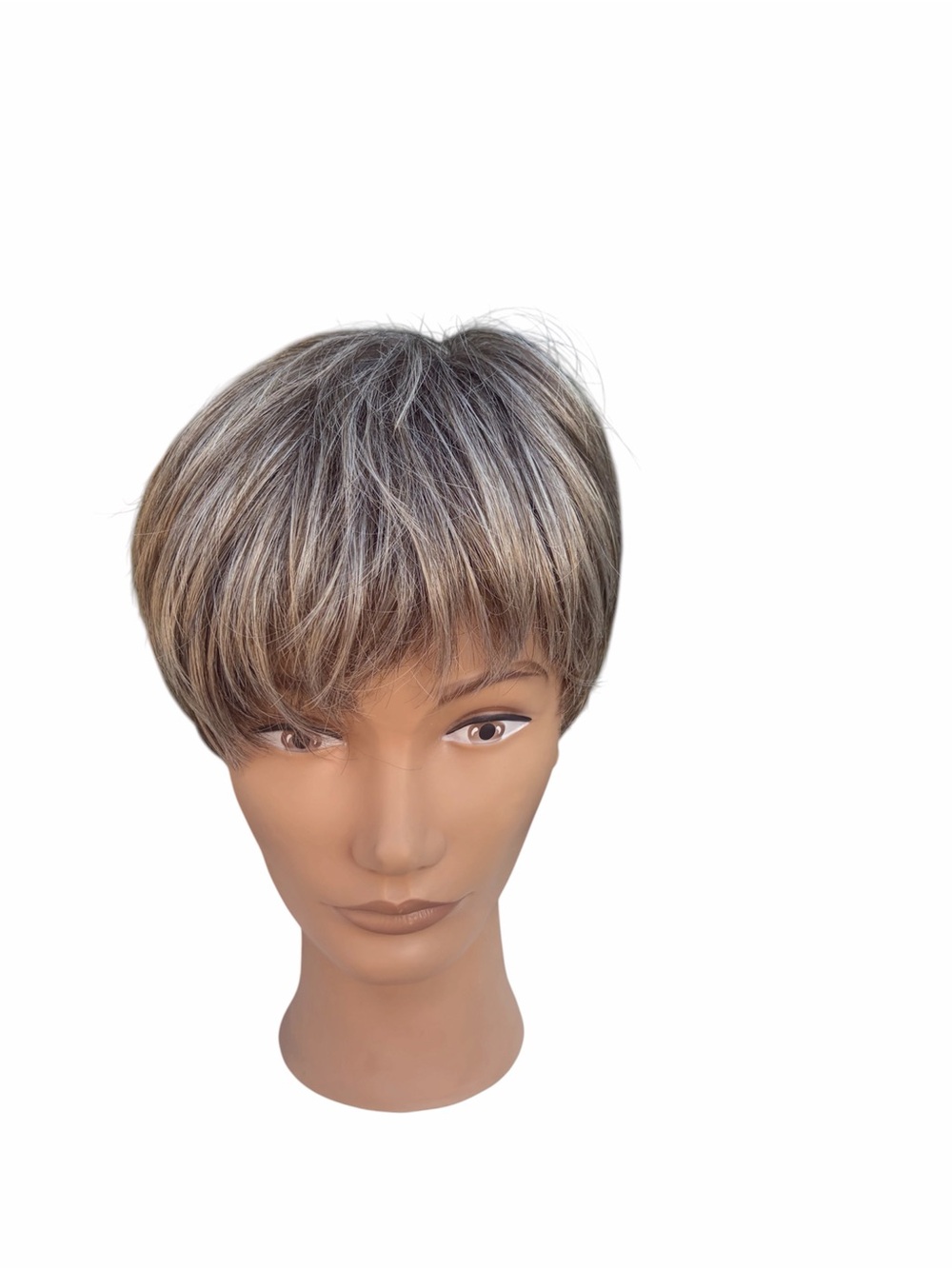 Frosted blonde gray with brown cool tone short pixie cut synthetic wig with bang